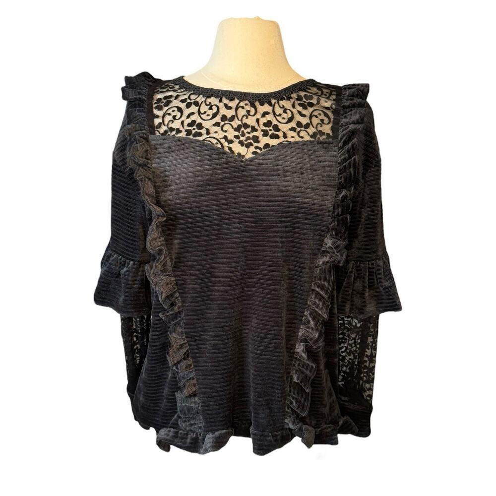 POL NEW Black Velvet Lace Victorian Style Top Small Ruffles Cosplay Whimsy Goth - Picture 2 of 9